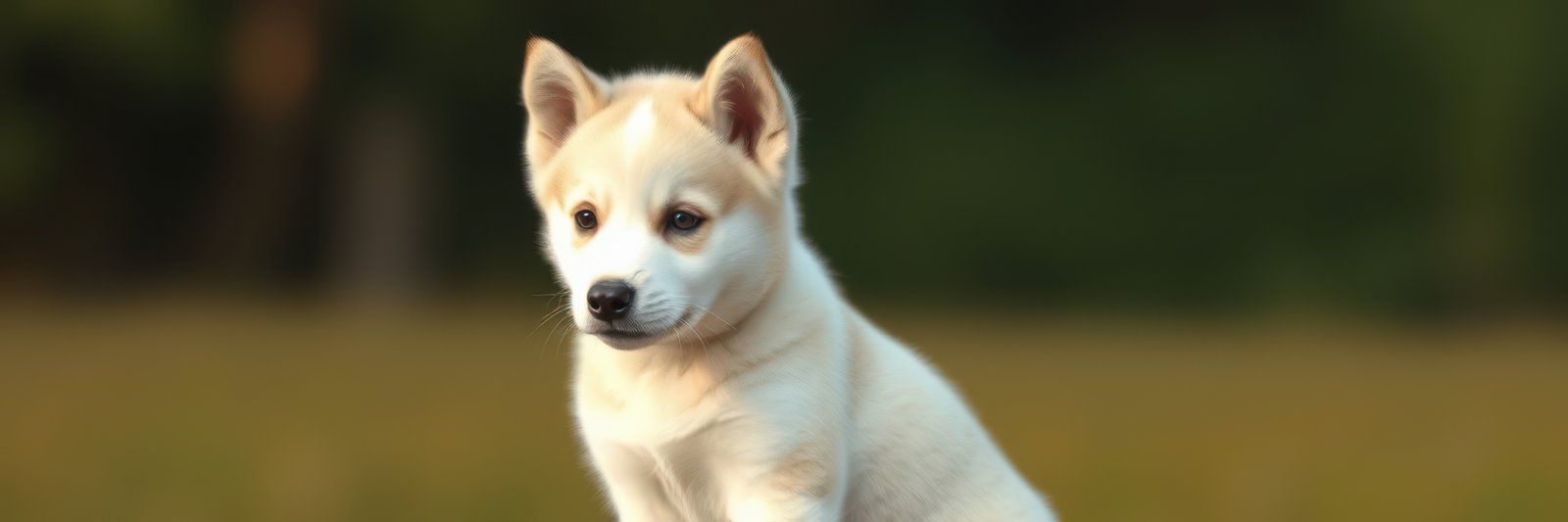 Cute white puppy sitting calmly in a sunny field during a warm afternoon